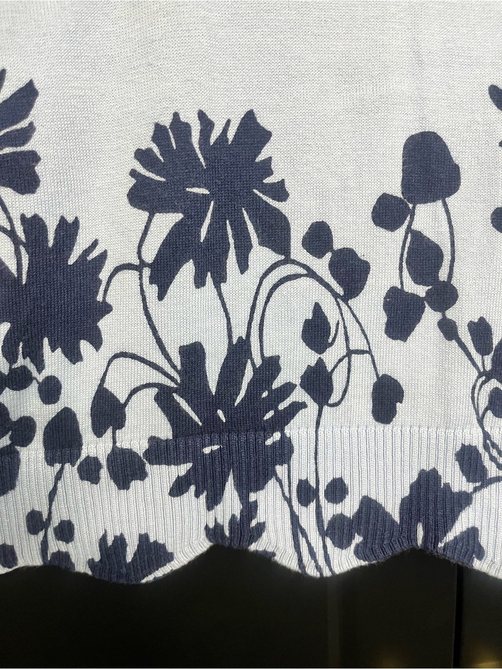 Talbots Pale Blue Sweater with Navy Floral Scalloped Border - Picture 3 of 6